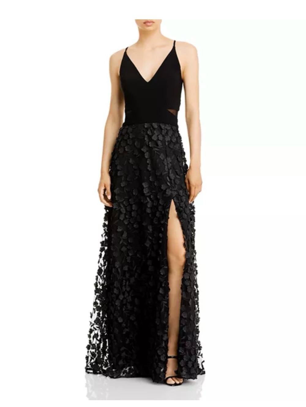 Aqua Black V-Neck Spaghetti-Strap Evening Gown with Floral Appliqué
